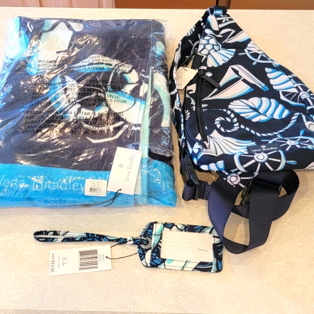 3pc Set of Vera Bradley Shore Enough, sling bag, beach towel & luggage tag! NWT